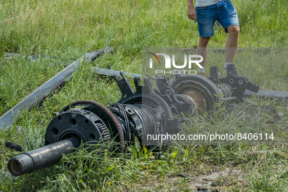 Remains of the rotor of a russian helicopter K- 52 shot down by ukrainian forces in a field of Buda Babynetska, near Kyiv. Russian troops oc...