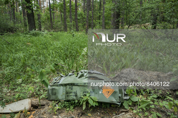 Remains of a box of explosives of the russian army in a forest of Buda Babynetska, near Kyiv. Russian troops occupied large extensions aroun...