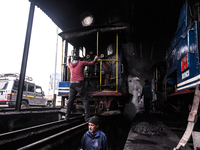 The steam engines of UNESCO World Heritage Site Darjeeling Himalayan Railway ''toy train''-s at the Darjeeling loco shed preparing for the e...