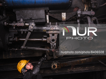 The steam engines of UNESCO World Heritage Site Darjeeling Himalayan Railway ''toy train''-s at the Darjeeling loco shed preparing for the e...