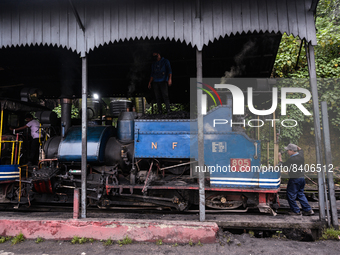 The steam engines of UNESCO World Heritage Site Darjeeling Himalayan Railway ''toy train''-s at the Darjeeling loco shed preparing for the e...