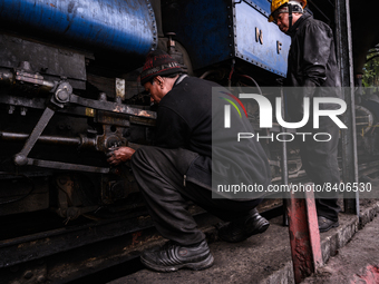 The steam engines of UNESCO World Heritage Site Darjeeling Himalayan Railway ''toy train''-s at the Darjeeling loco shed preparing for the e...