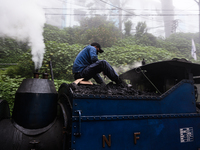 The steam engines of UNESCO World Heritage Site Darjeeling Himalayan Railway ''toy train''-s at the Darjeeling loco shed preparing for the e...