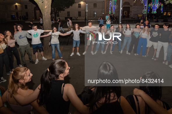 Fifth-year high school students met under their schools to sing Antonello Venditti's historic song, 'Notte Prima degli Esami', in Rieti, Ita...