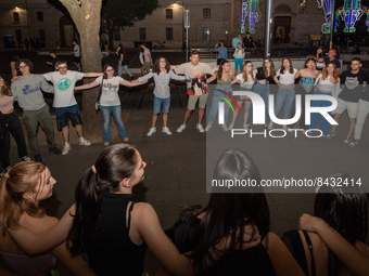 Fifth-year high school students met under their schools to sing Antonello Venditti's historic song, 'Notte Prima degli Esami', in Rieti, Ita...