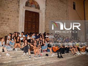 Fifth-year high school students met under their schools to sing Antonello Venditti's historic song, 'Notte Prima degli Esami', in Rieti, Ita...