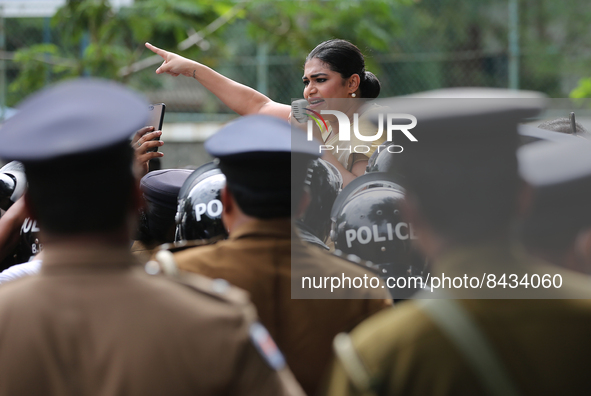 Hirunika Premachandra, the member of the Samagi Jana Balawegaya and leader of Samagi Vanitha Balawegaya, during a protest near Sri Lanka's P...