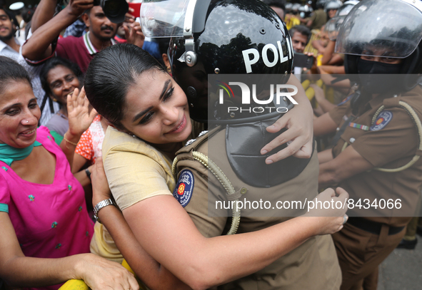 Hirunika Premachandra, the member of the Samagi Jana Balawegaya and leader of Samagi Vanitha Balawegaya, during a protest near Sri Lanka's P...