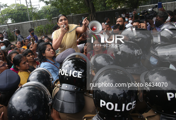 Hirunika Premachandra, the member of the Samagi Jana Balawegaya and leader of Samagi Vanitha Balawegaya, during a protest near Sri Lanka's P...