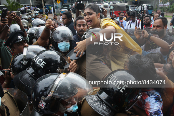 Hirunika Premachandra, the member of the Samagi Jana Balawegaya and leader of Samagi Vanitha Balawegaya, during a protest near Sri Lanka's P...