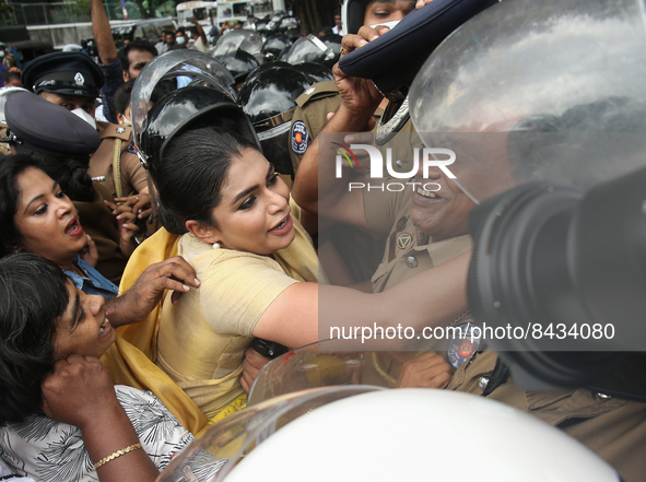 Hirunika Premachandra, the member of the Samagi Jana Balawegaya and leader of Samagi Vanitha Balawegaya, during a protest near Sri Lanka's P...