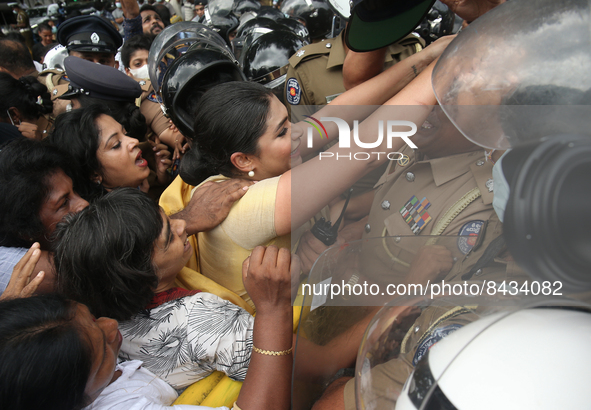 Hirunika Premachandra, the member of the Samagi Jana Balawegaya and leader of Samagi Vanitha Balawegaya, during a protest near Sri Lanka's P...