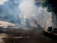 A health worker fumigates to kill mosquito larvae to fight against the spread of dengue fever in Bogor, West Java, Indonesia on June 26, 202...