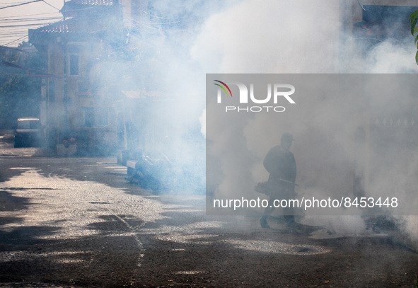 A health worker fumigates to kill mosquito larvae to fight against the spread of dengue fever in Bogor, West Java, Indonesia on June 26, 202...