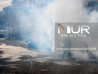 A health worker fumigates to kill mosquito larvae to fight against the spread of dengue fever in Bogor, West Java, Indonesia on June 26, 202...