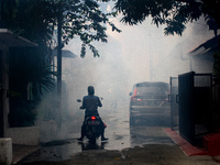 A motorist stops while a health workers fumigate a residential area to prevent mosquito breeding in Bogor, West Java, Indonesia on June 26,...