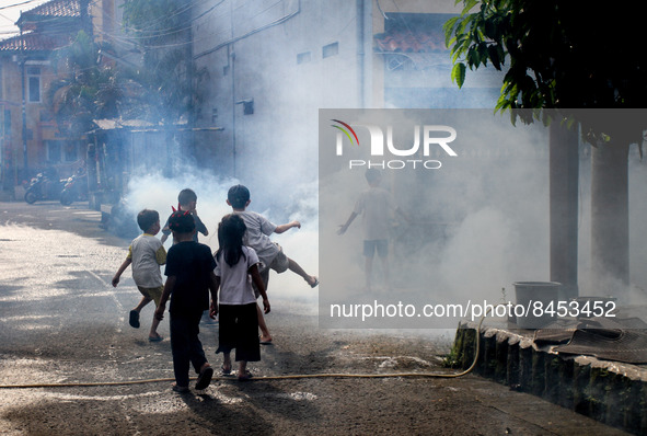 Children play in the vapour as a health worker fumigates a residential area as a preventive measure against dengue fever in Bogor, West Java...