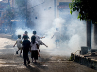 Children play in the vapour as a health worker fumigates a residential area as a preventive measure against dengue fever in Bogor, West Java...