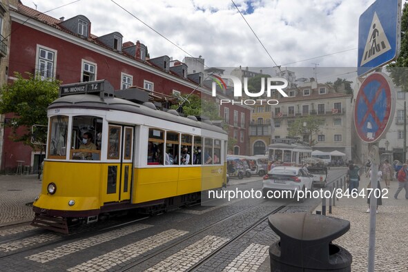 A tram runs through the different routes of the Graca neighborhood. Lisbon, June 24, 2022. In Portugal, covid-19 mortality is declining, alt...