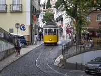 A tram runs through the different routes of the Graca neighborhood. Lisbon, June 24, 2022. In Portugal, covid-19 mortality is declining, alt...