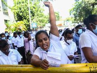 Sri Lankan health workers shout slogans in protest amid the country’s economic crisis in Colombo, Sri Lanka, June 29, 2022.(