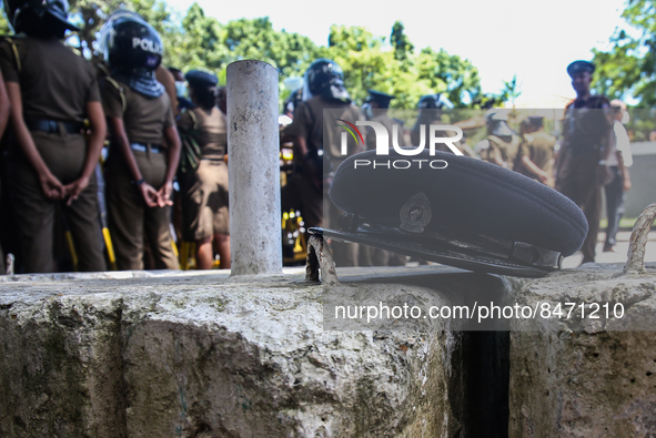 A police cap on a concrete stone during a protest amid the country’s economic crisis in Colombo, Sri Lanka, June 29, 2022.