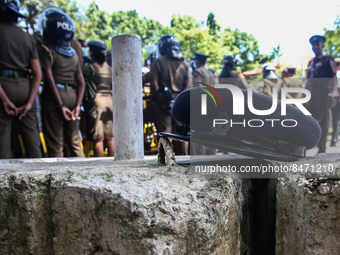 A police cap on a concrete stone during a protest amid the country’s economic crisis in Colombo, Sri Lanka, June 29, 2022.(