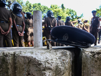 A police cap on a concrete stone during a protest amid the country’s economic crisis in Colombo, Sri Lanka, June 29, 2022.(