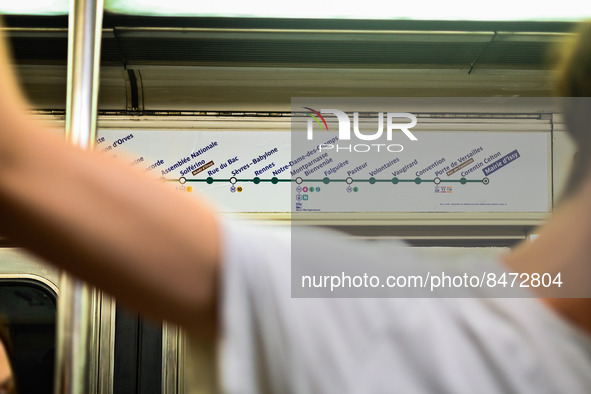 The metro line's route. Daily life in Parisian metro, as France faces an increase of Covid19 cases. . 