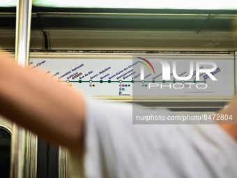 The metro line's route. Daily life in Parisian metro, as France faces an increase of Covid19 cases. . (