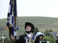 Galashiels, UK. 02 Jul.2022.  
Braw Lad John Turnbull carries the Burgh Flag on horse back , ready to lead the ceremonial rideout.

GALASHIE...