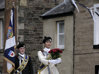 Galashiels, UK. 02 Jul.2022.  
Braw Lass Abbie Hood, at the Old Town cross where the creation of Galashiels as a Burgh of Barony in 1599 is...