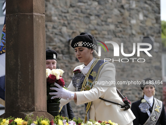 Galashiels, UK. 02 Jul.2022.  
Braw Lass Abbie Hood, at the Old Town cross where the creation of Galashiels as a Burgh of Barony in 1599 is...