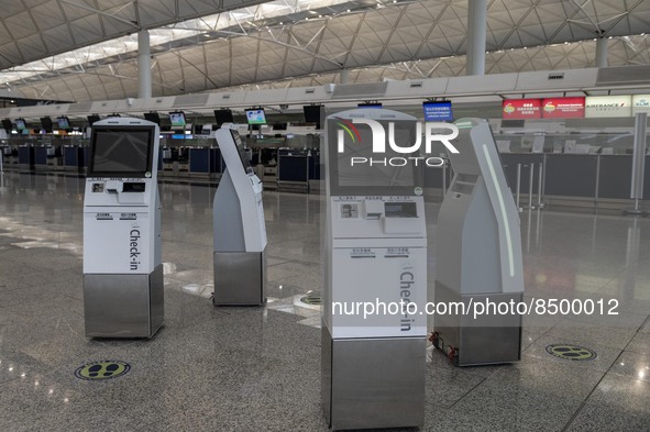 Closed Electronic Check-In Booth inside Hong Kong International Airport on July 7, 2022 in Hong Kong, China. The Hong Kong Government announ...