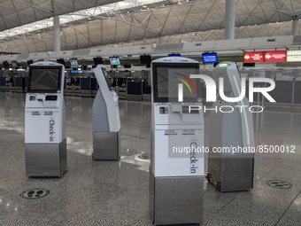 Closed Electronic Check-In Booth inside Hong Kong International Airport on July 7, 2022 in Hong Kong, China. The Hong Kong Government announ...