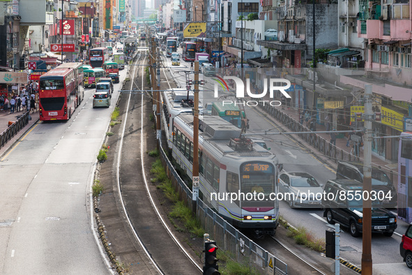 Hong Kong, China, 16 Jul 2022, A tramway passes on Castle Peak road in Yuen Long. 