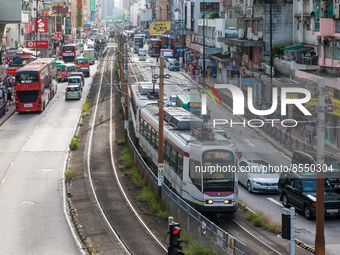 Hong Kong, China, 16 Jul 2022, A tramway passes on Castle Peak road in Yuen Long. (