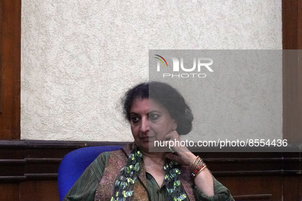 Indian author Geetanjali Shree, winner of the International Booker Prize 2022 award for her novel 'Tomb of Sand', speaks during a press conf...