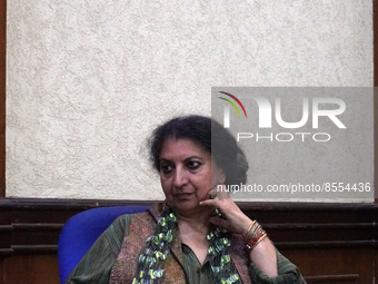 Indian author Geetanjali Shree, winner of the International Booker Prize 2022 award for her novel 'Tomb of Sand', speaks during a press conf...