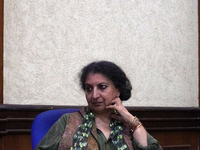 Indian author Geetanjali Shree, winner of the International Booker Prize 2022 award for her novel 'Tomb of Sand', speaks during a press conf...