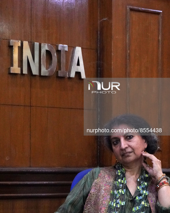 Indian author Geetanjali Shree, winner of the International Booker Prize 2022 award for her novel 'Tomb of Sand', speaks during a press conf...