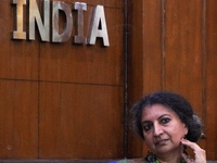 Indian author Geetanjali Shree, winner of the International Booker Prize 2022 award for her novel 'Tomb of Sand', speaks during a press conf...