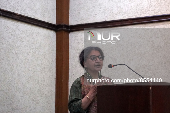 Indian author Geetanjali Shree, winner of the International Booker Prize 2022 award for her novel 'Tomb of Sand', speaks during a press conf...