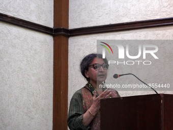 Indian author Geetanjali Shree, winner of the International Booker Prize 2022 award for her novel 'Tomb of Sand', speaks during a press conf...