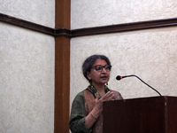 Indian author Geetanjali Shree, winner of the International Booker Prize 2022 award for her novel 'Tomb of Sand', speaks during a press conf...