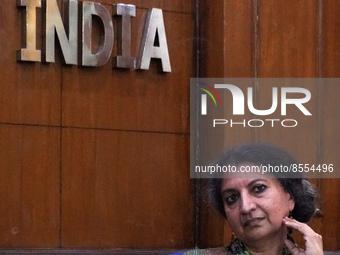 Indian author Geetanjali Shree, the 2022 International Booker Prize award winner for her novel 'Tomb of Sand', speaks during a press confere...