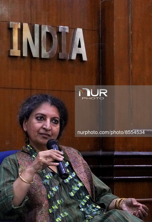 Indian author Geetanjali Shree, the 2022 International Booker Prize award winner for her novel 'Tomb of Sand', speaks during a press confere...