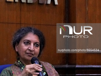 Indian author Geetanjali Shree, the 2022 International Booker Prize award winner for her novel 'Tomb of Sand', speaks during a press confere...