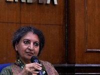 Indian author Geetanjali Shree, the 2022 International Booker Prize award winner for her novel 'Tomb of Sand', speaks during a press confere...