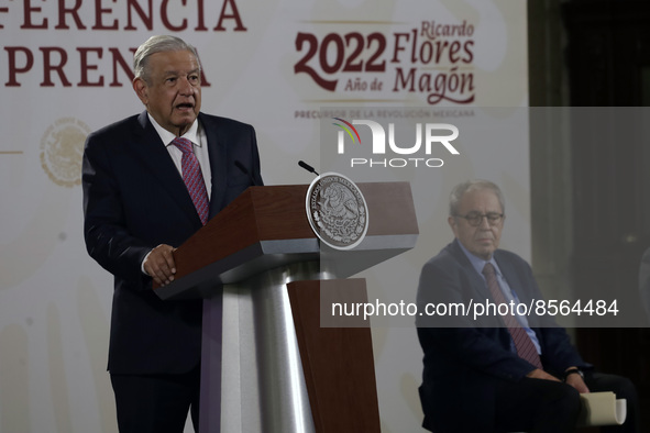 July 19, 2022, Mexico City, Mexico: Mexico’s Health Minister Jorge Alcocer is seen behind Mexico’s President Andres Manuel Lopez Obrador whi...